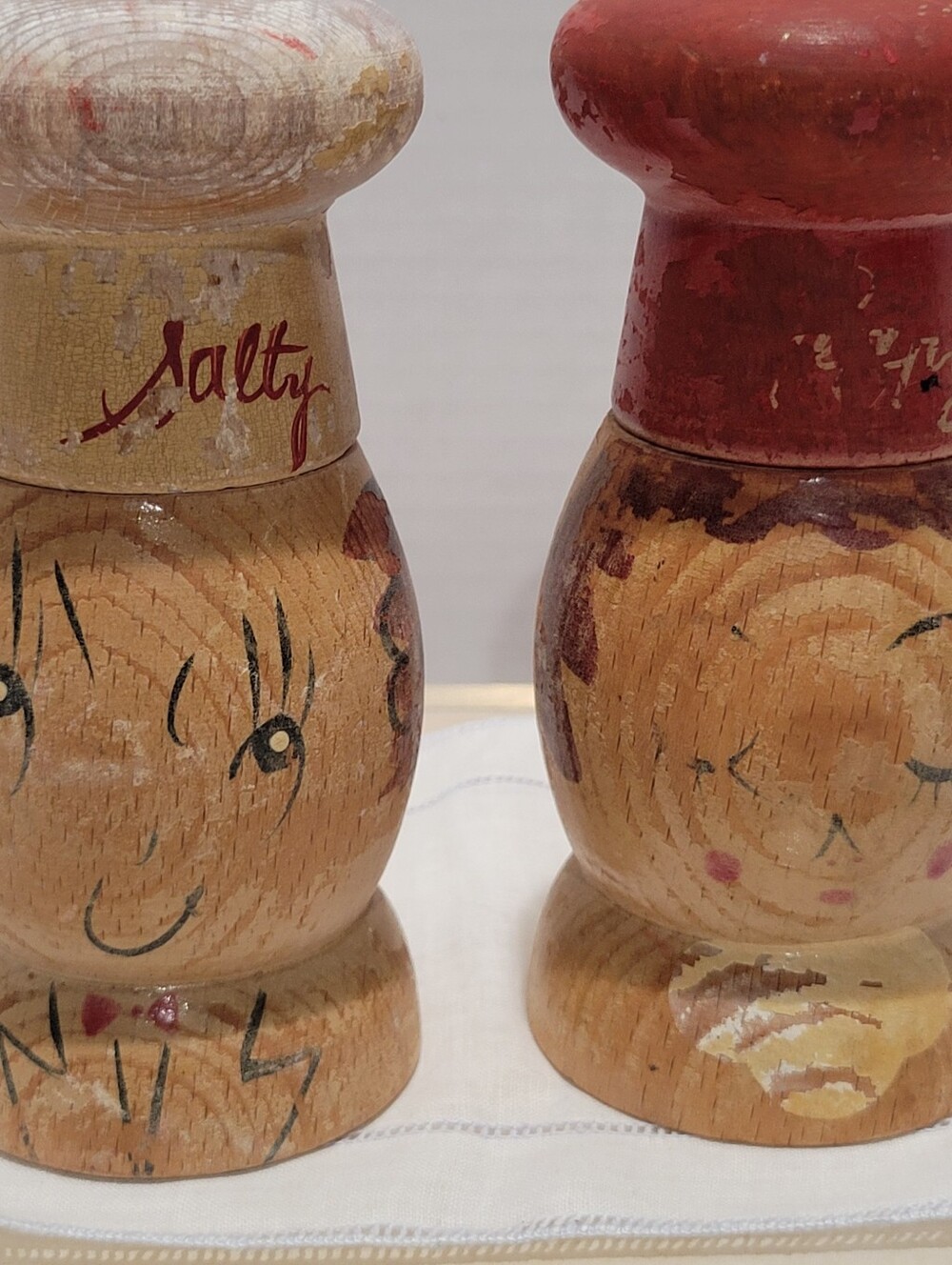Vyg MCM Wooden Salt & Pepper Shakers Handpainted Chef Faces 1960s